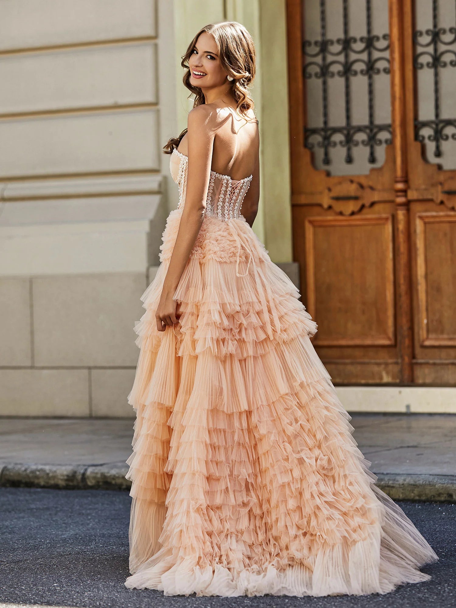 Glamorous Ball Gown Sweetheart Strapless Tulle Floor-Length Beaded Tiered Corset Prom Dress