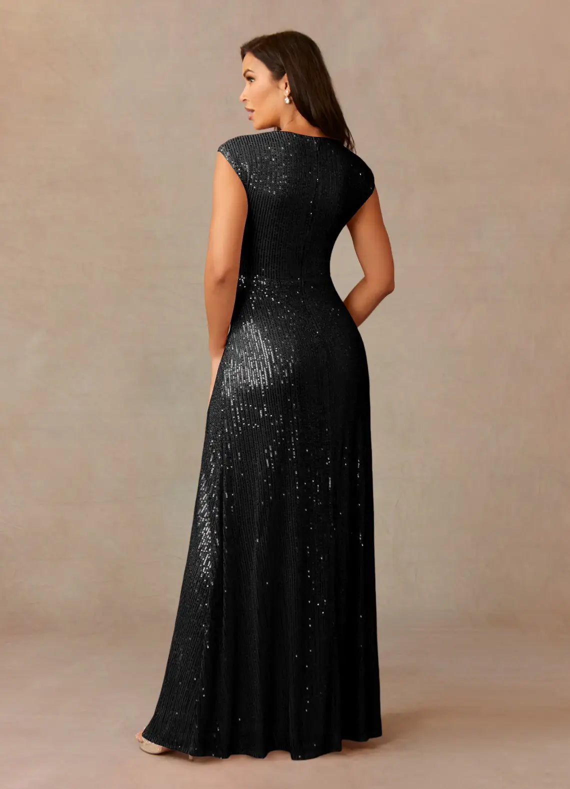 Glamorous Column V-neck Cap-sleeve Sequined Floor-length Criss-cross Ruched Evening Gown