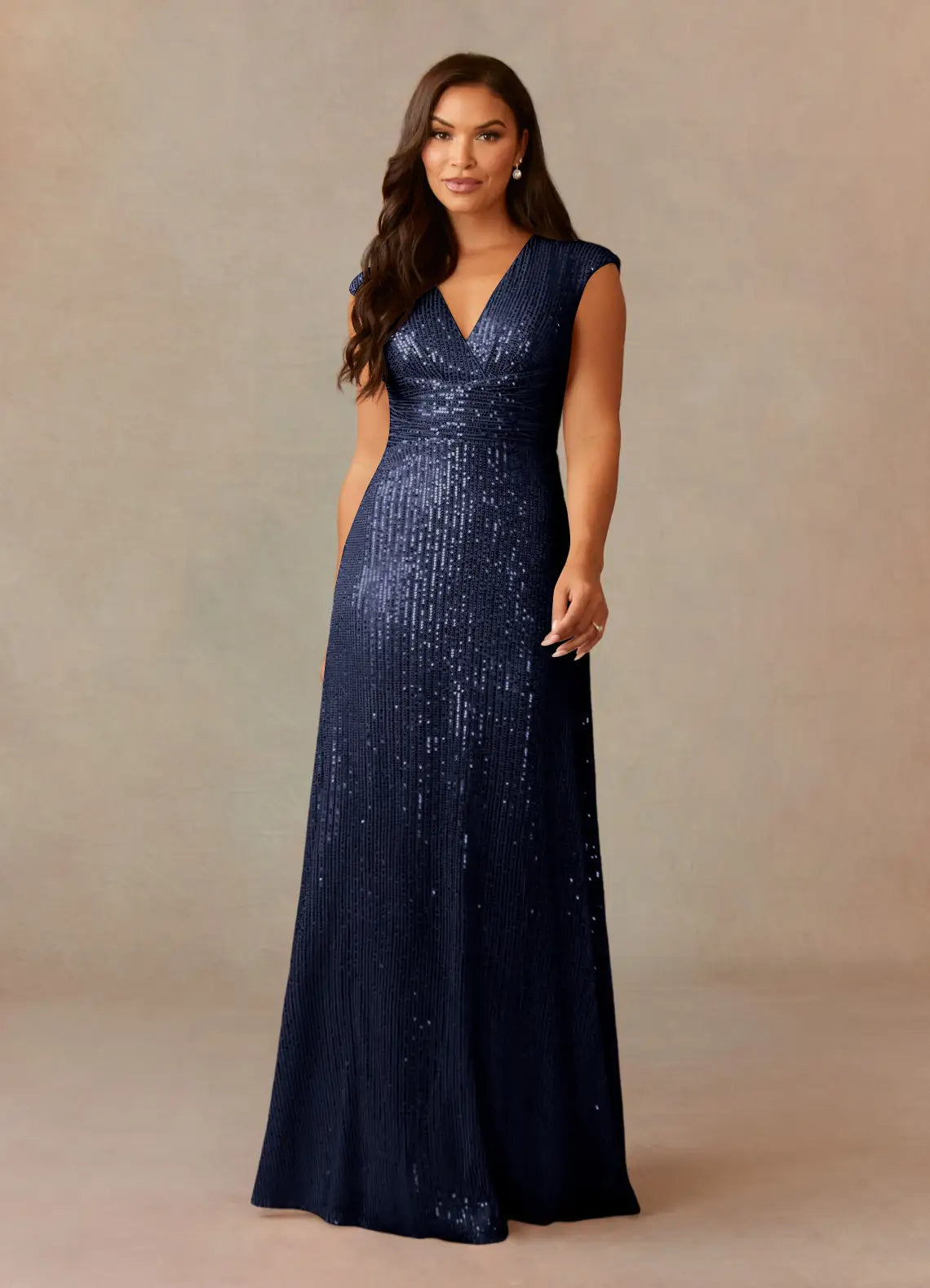 Glamorous Column V-neck Cap-sleeve Sequined Floor-length Criss-cross Ruched Evening Gown