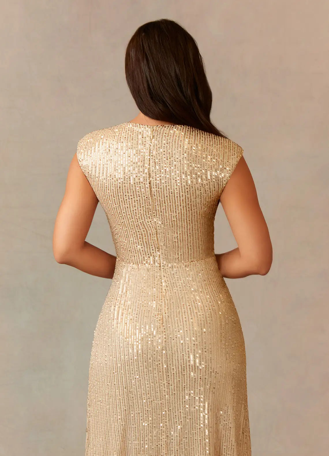 Glamorous Column V-neck Cap-sleeve Sequined Floor-length Criss-cross Ruched Evening Gown