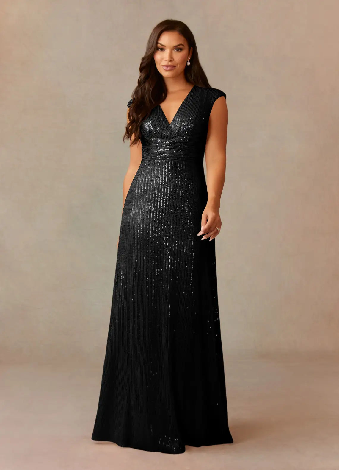 Glamorous Column V-neck Cap-sleeve Sequined Floor-length Criss-cross Ruched Evening Gown