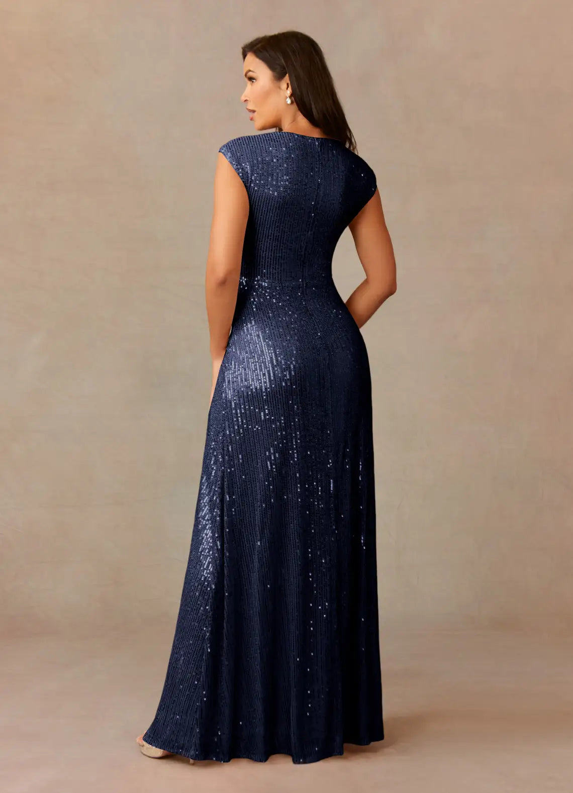 Glamorous Column V-neck Cap-sleeve Sequined Floor-length Criss-cross Ruched Evening Gown