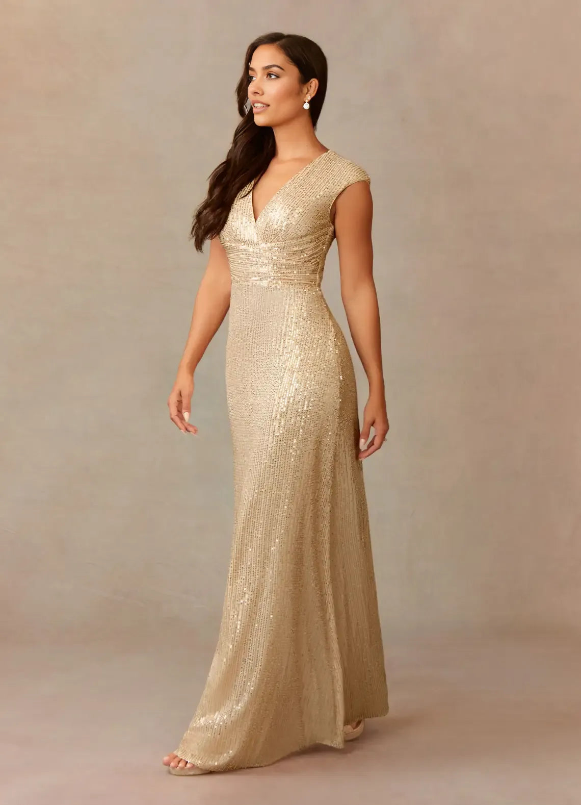 Glamorous Column V-neck Cap-sleeve Sequined Floor-length Criss-cross Ruched Evening Gown