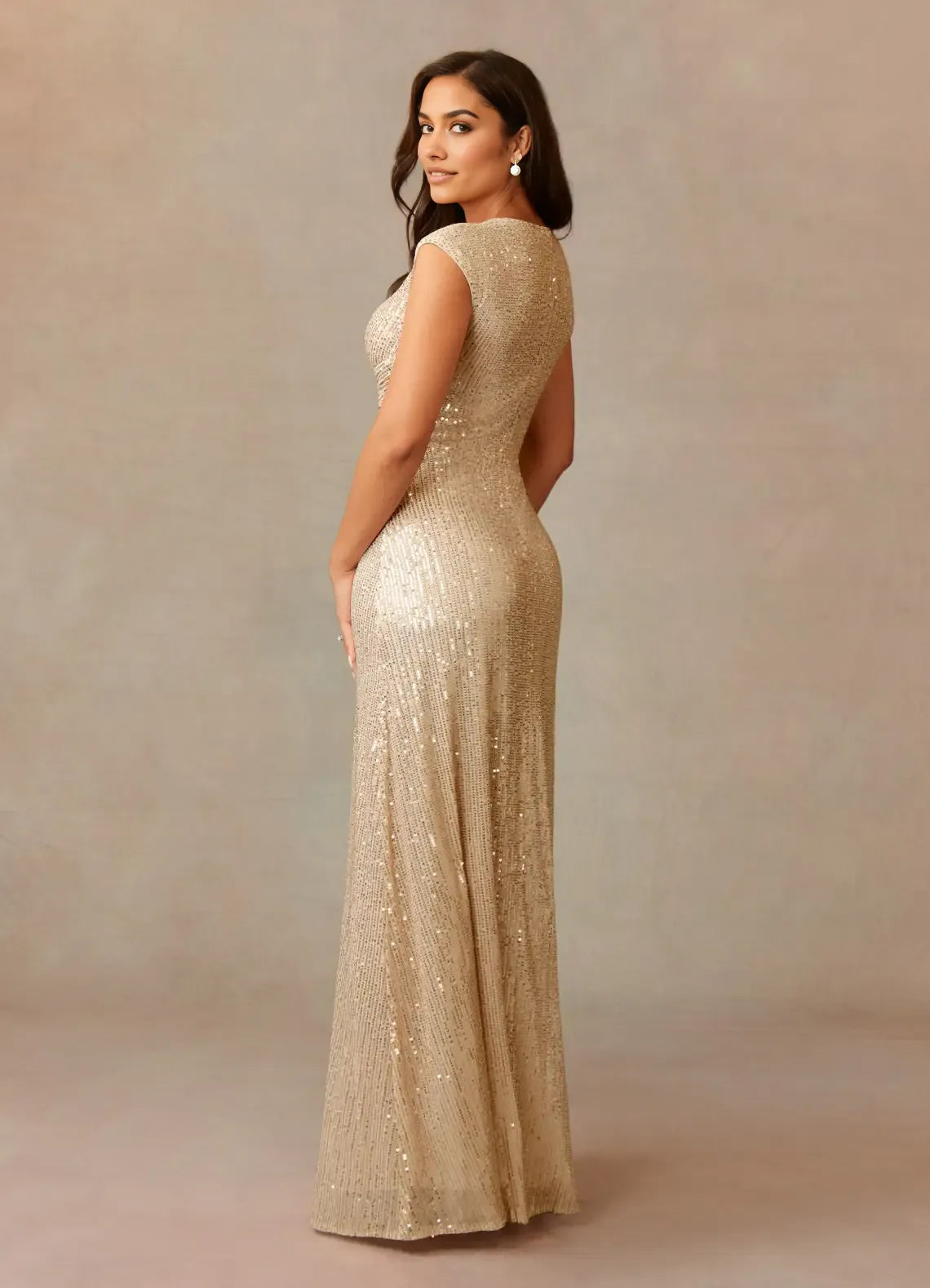 Glamorous Column V-neck Cap-sleeve Sequined Floor-length Criss-cross Ruched Evening Gown