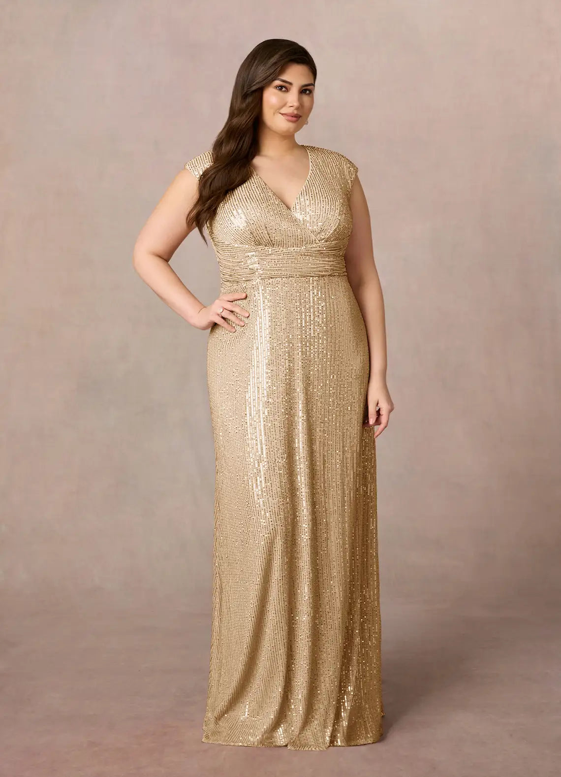 Glamorous Column V-neck Cap-sleeve Sequined Floor-length Criss-cross Ruched Evening Gown