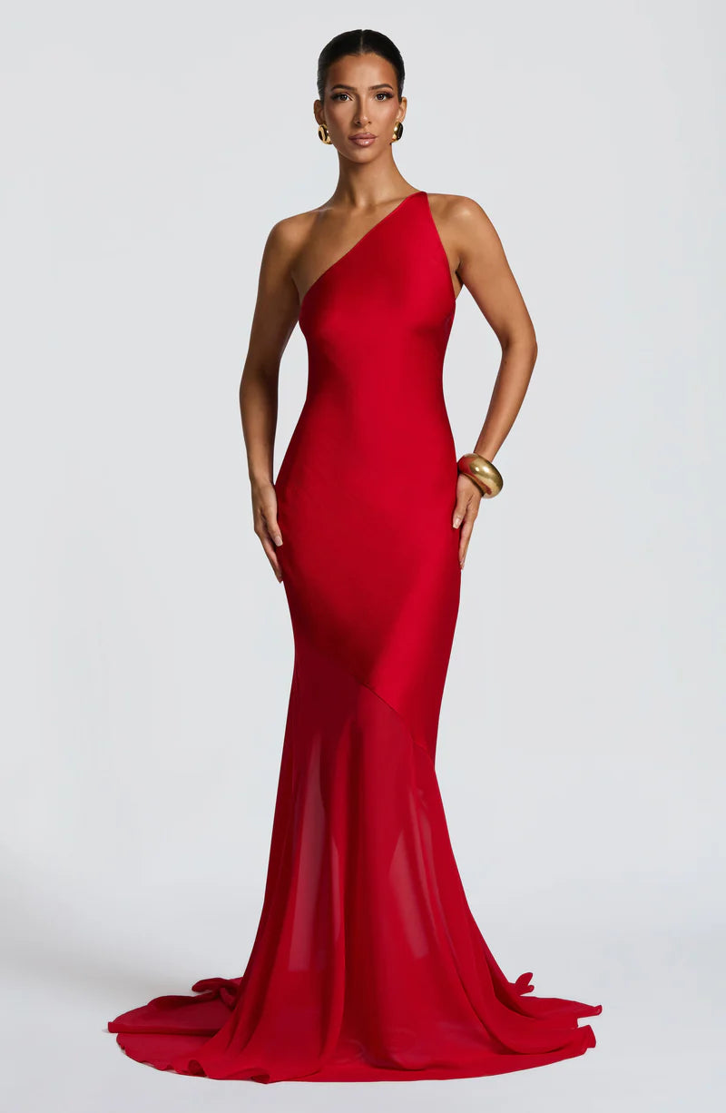 Glamuroso Vestido de Noche Largo de Gasa con Un Solo Hombro y Espalda Abierta Estilo Sirena