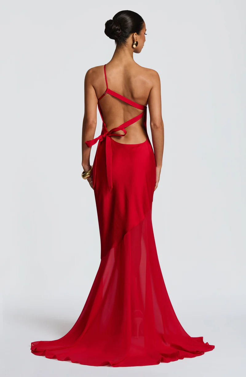 Glamuroso Vestido de Noche Largo de Gasa con Un Solo Hombro y Espalda Abierta Estilo Sirena