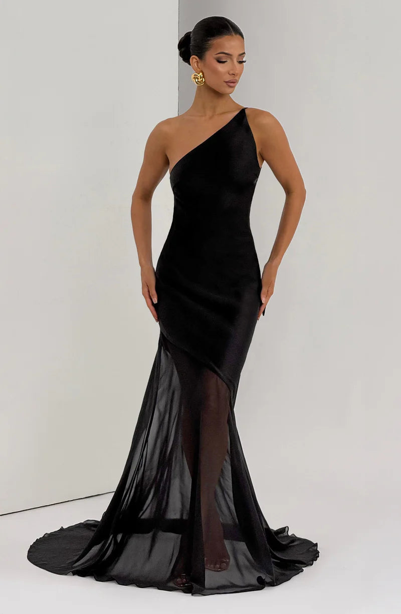 Glamuroso Vestido de Noche Largo de Gasa con Un Solo Hombro y Espalda Abierta Estilo Sirena