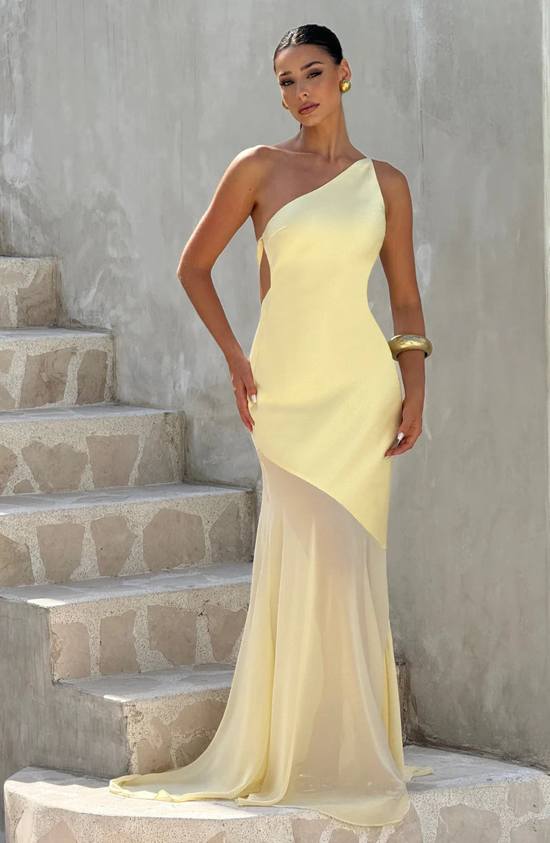 Glamuroso Vestido de Noche Largo de Gasa con Un Solo Hombro y Espalda Abierta Estilo Sirena