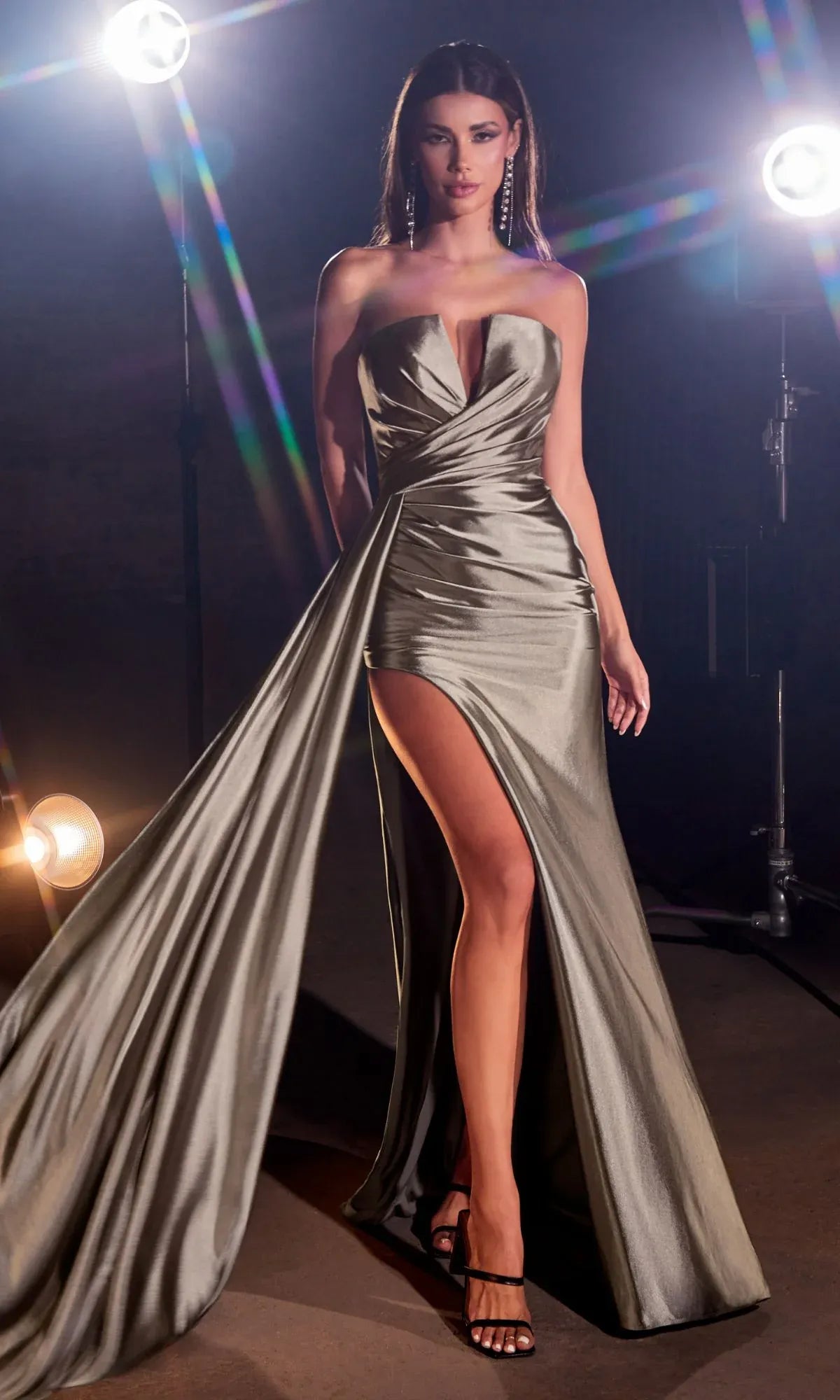 Glamorous Fitted Strapless Sleeveless Satin Floor-length Side-train High-slit Evening Gown