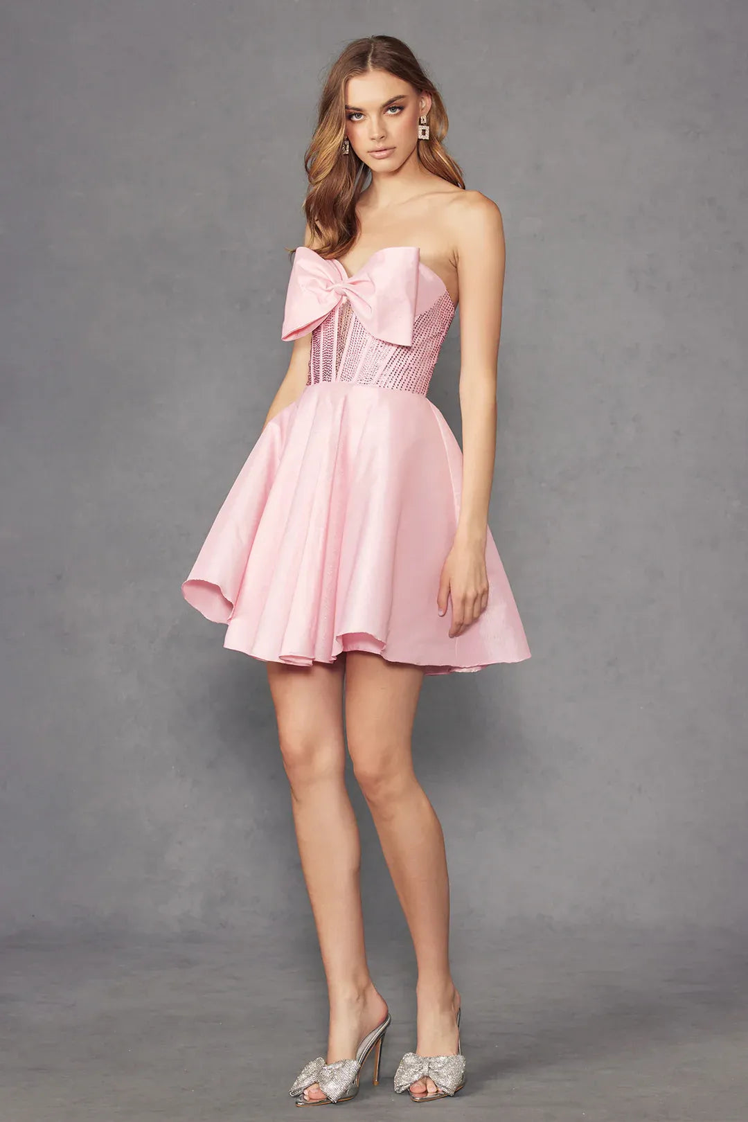 Glamorous Flared Strapless Sleeveless Satin Mini Beaded Corset Big-Bow Homecoming Dress