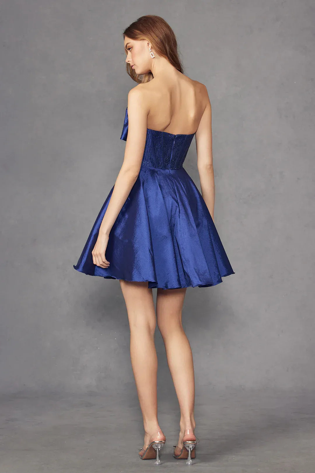 Glamorous Flared Strapless Sleeveless Satin Mini Beaded Corset Big-Bow Homecoming Dress