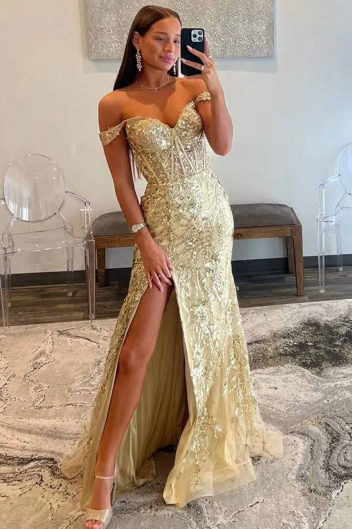 Vestido de fiesta de sirena con lentejuelas doradas glamorosas, hombros descubiertos y abertura alta