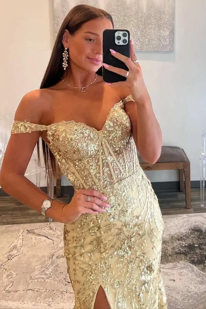 Vestido de fiesta de sirena con lentejuelas doradas glamorosas, hombros descubiertos y abertura alta