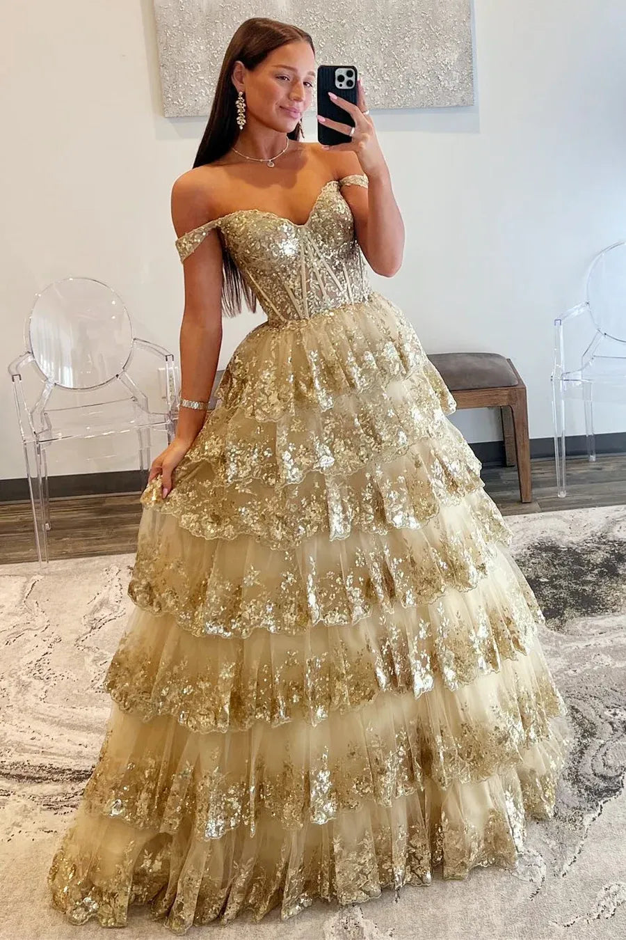 Glamorous Gold Sequin Off Shoulder Tiered Ball Prom Gown