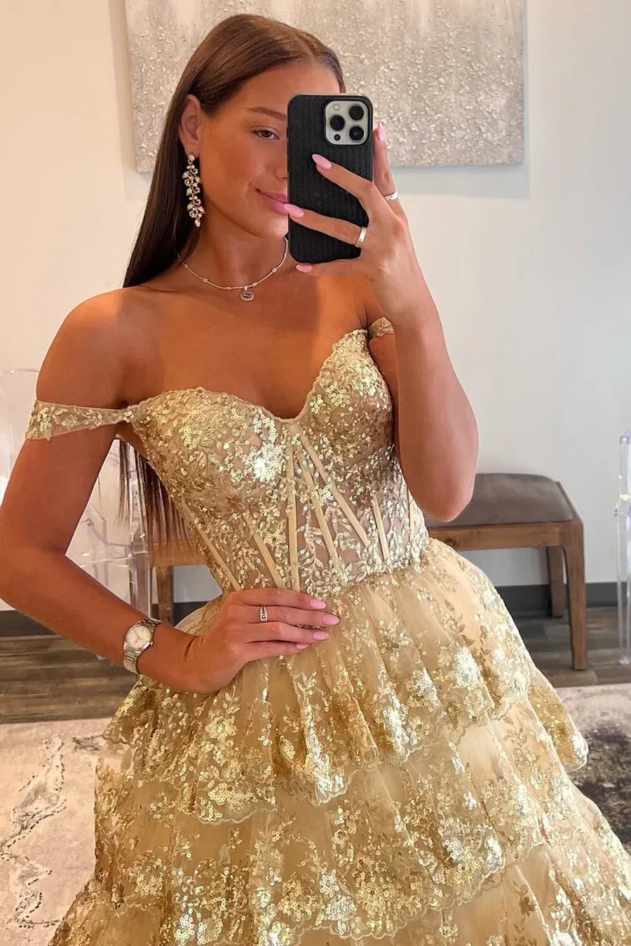 Glamorous Gold Sequin Off Shoulder Tiered Ball Prom Gown