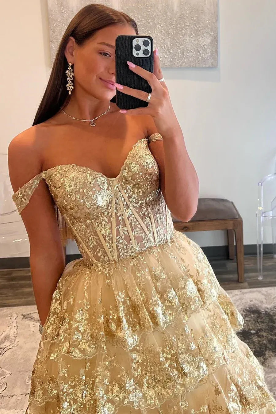 Glamorous Gold Sequin Off Shoulder Tiered Ball Prom Gown