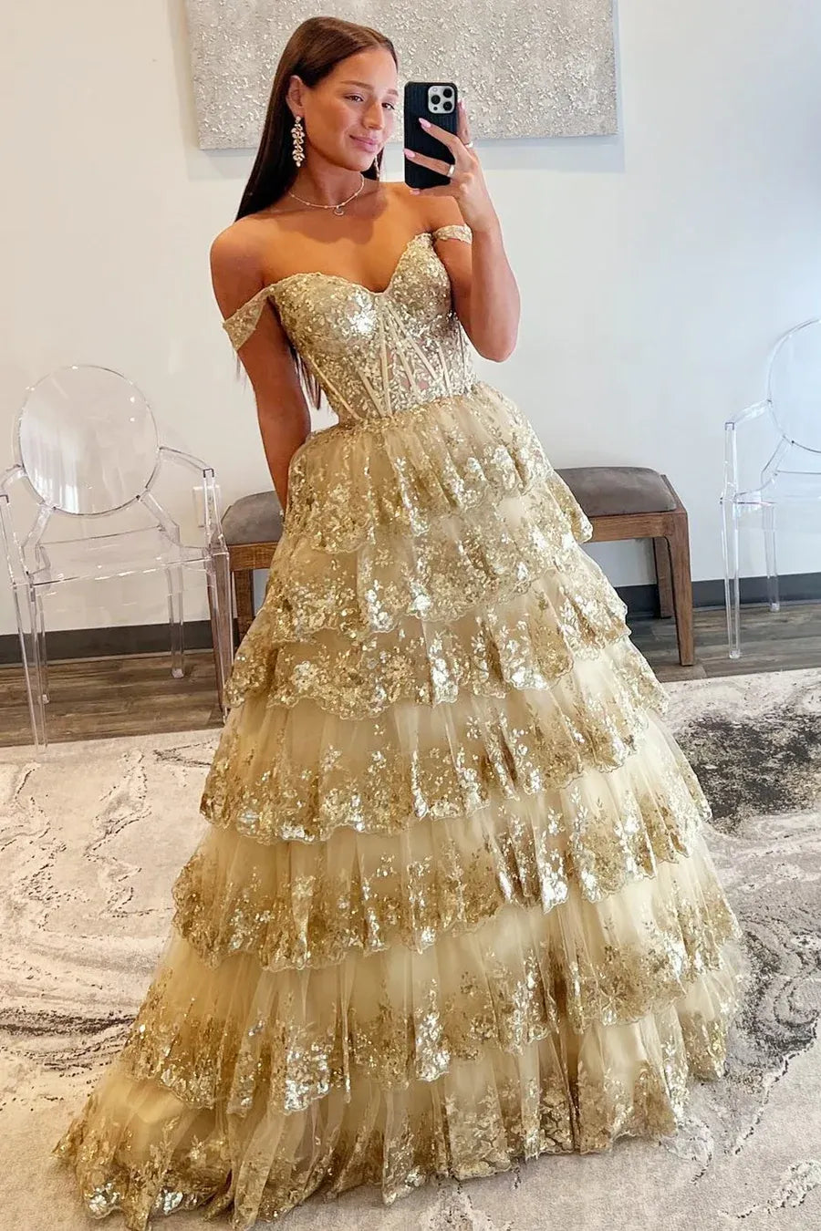 Glamorous Gold Sequin Off Shoulder Tiered Ball Prom Gown