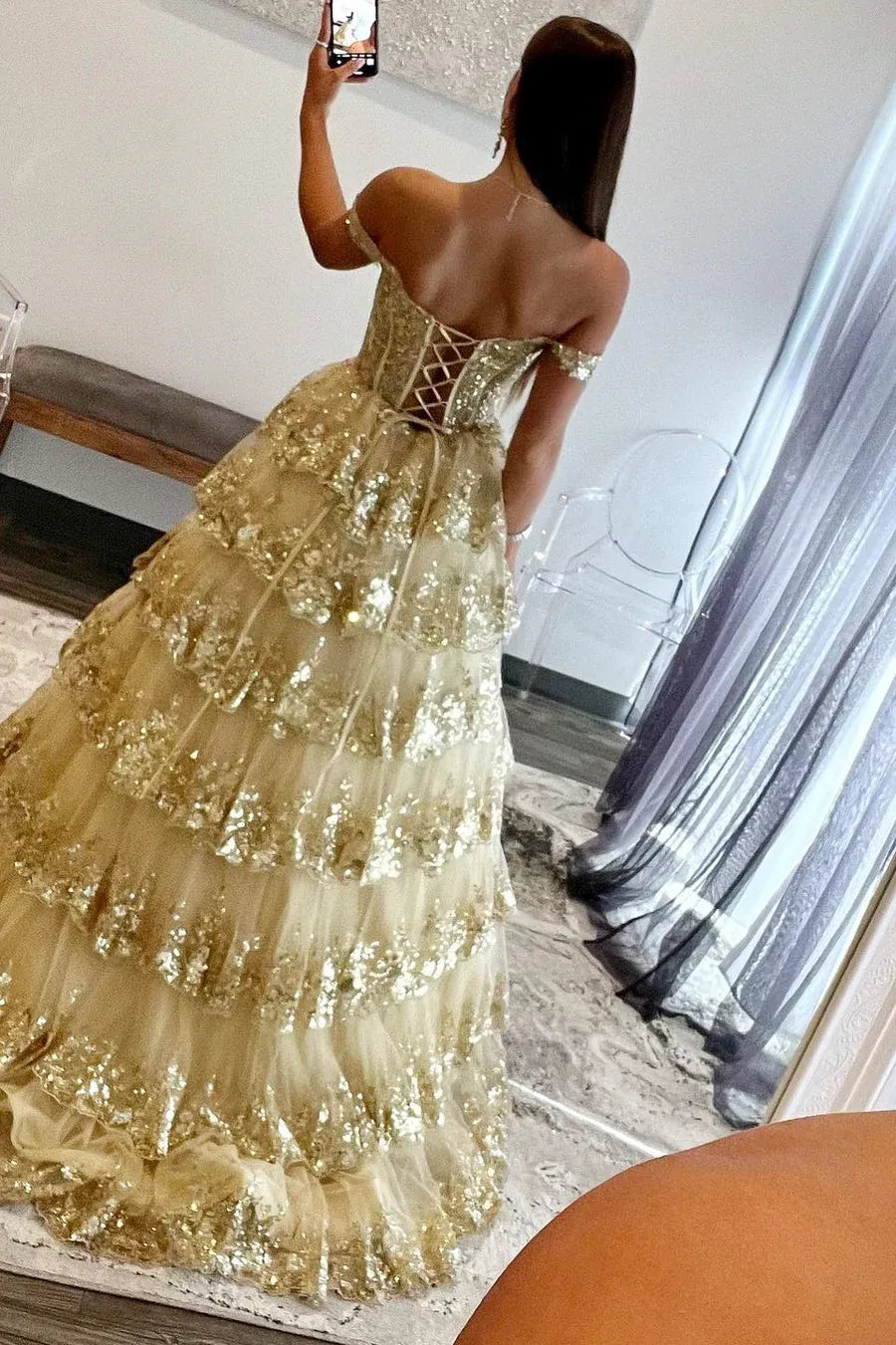 Glamorous Gold Sequin Off Shoulder Tiered Ball Prom Gown