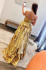 Glamorous Gold Strapless Tiered Ruffle Maxi Prom Dress
