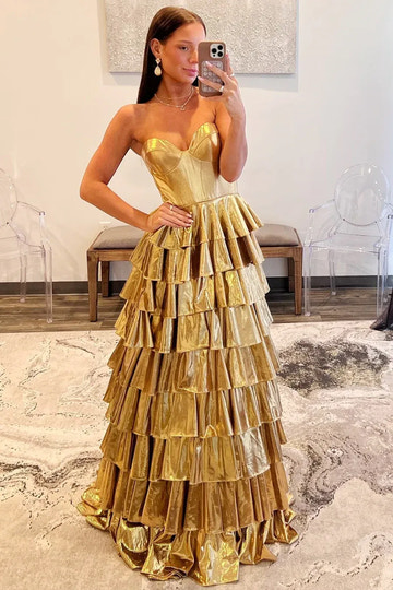 Glamorous Gold Strapless Tiered Ruffle Maxi Prom Dress