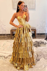 Glamorous Gold Strapless Tiered Ruffle Maxi Prom Dress