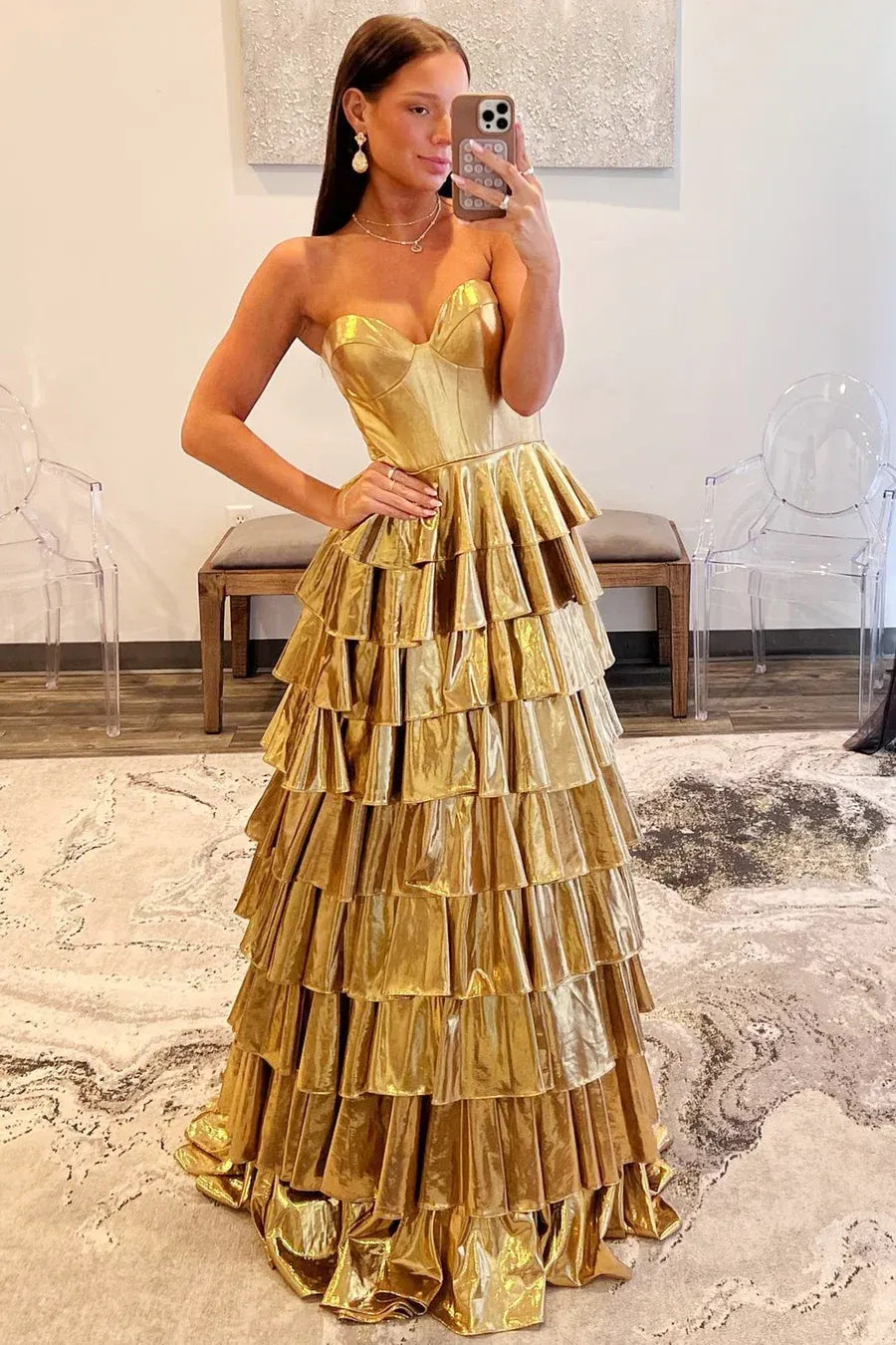 Glamorous Gold Strapless Tiered Ruffle Maxi Prom Dress