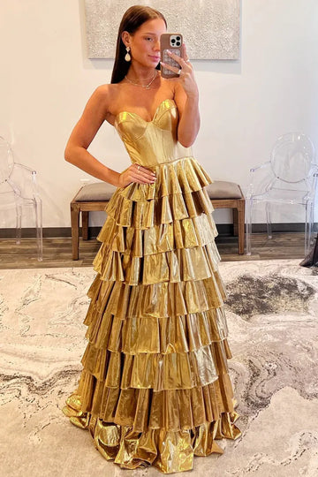 Glamorous Gold Strapless Tiered Ruffle Maxi Prom Dress