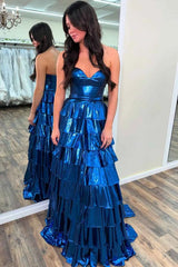 Glamorous Gold Strapless Tiered Ruffle Maxi Prom Dress