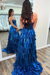 Glamorous Gold Strapless Tiered Ruffle Maxi Prom Dress