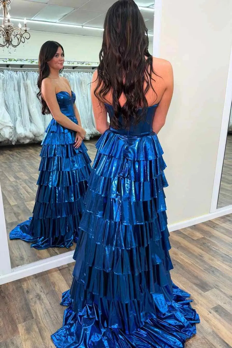 Glamorous Gold Strapless Tiered Ruffle Maxi Prom Dress