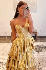 Glamorous Gold Strapless Tiered Ruffle Maxi Prom Dress