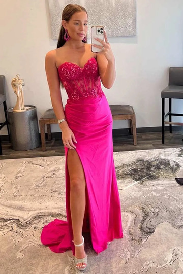 Vestido de fiesta de satén rosa fuerte sin tirantes, con encaje y corte sirena, glamuroso