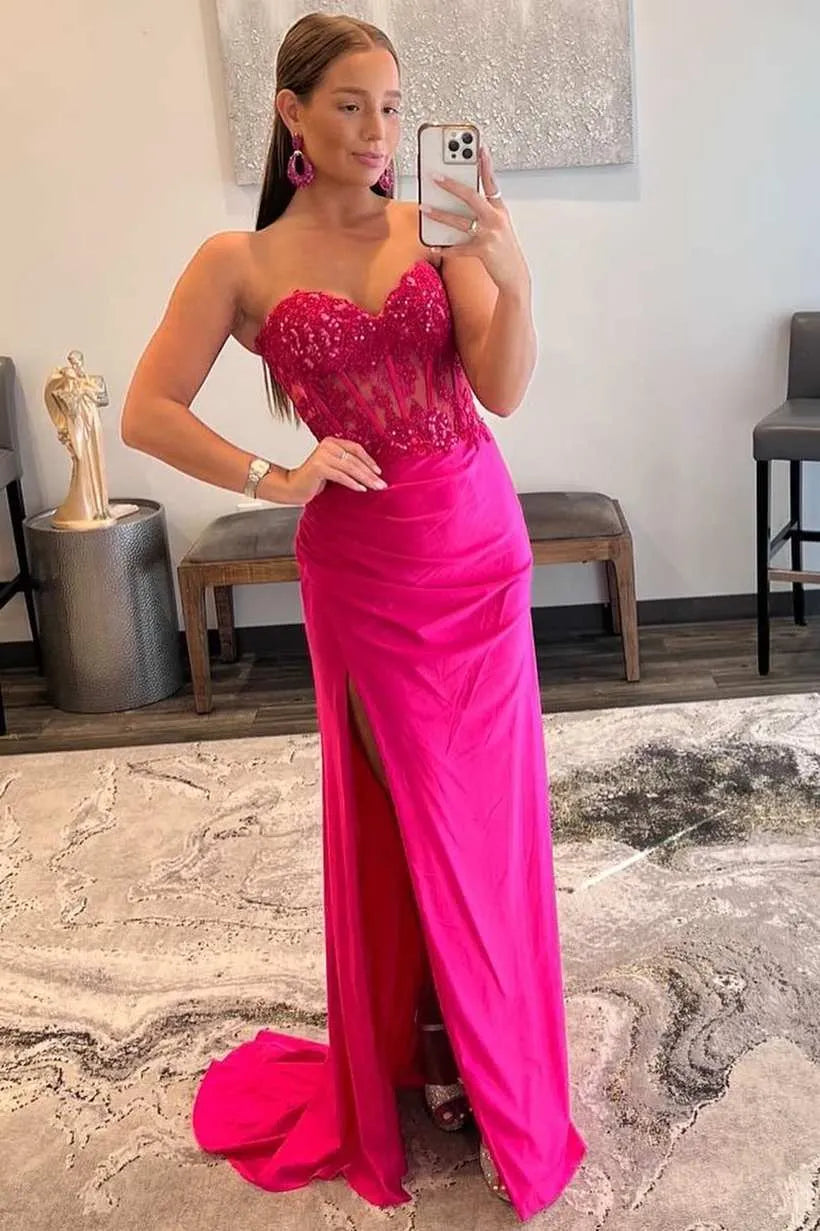 Glamorous Hot Pink Strapless Lace Satin Mermaid Prom Gown