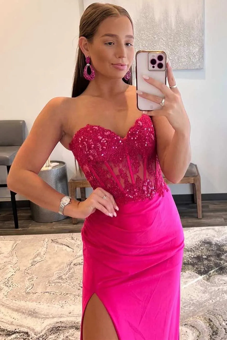 Glamorous Hot Pink Strapless Lace Satin Mermaid Prom Gown