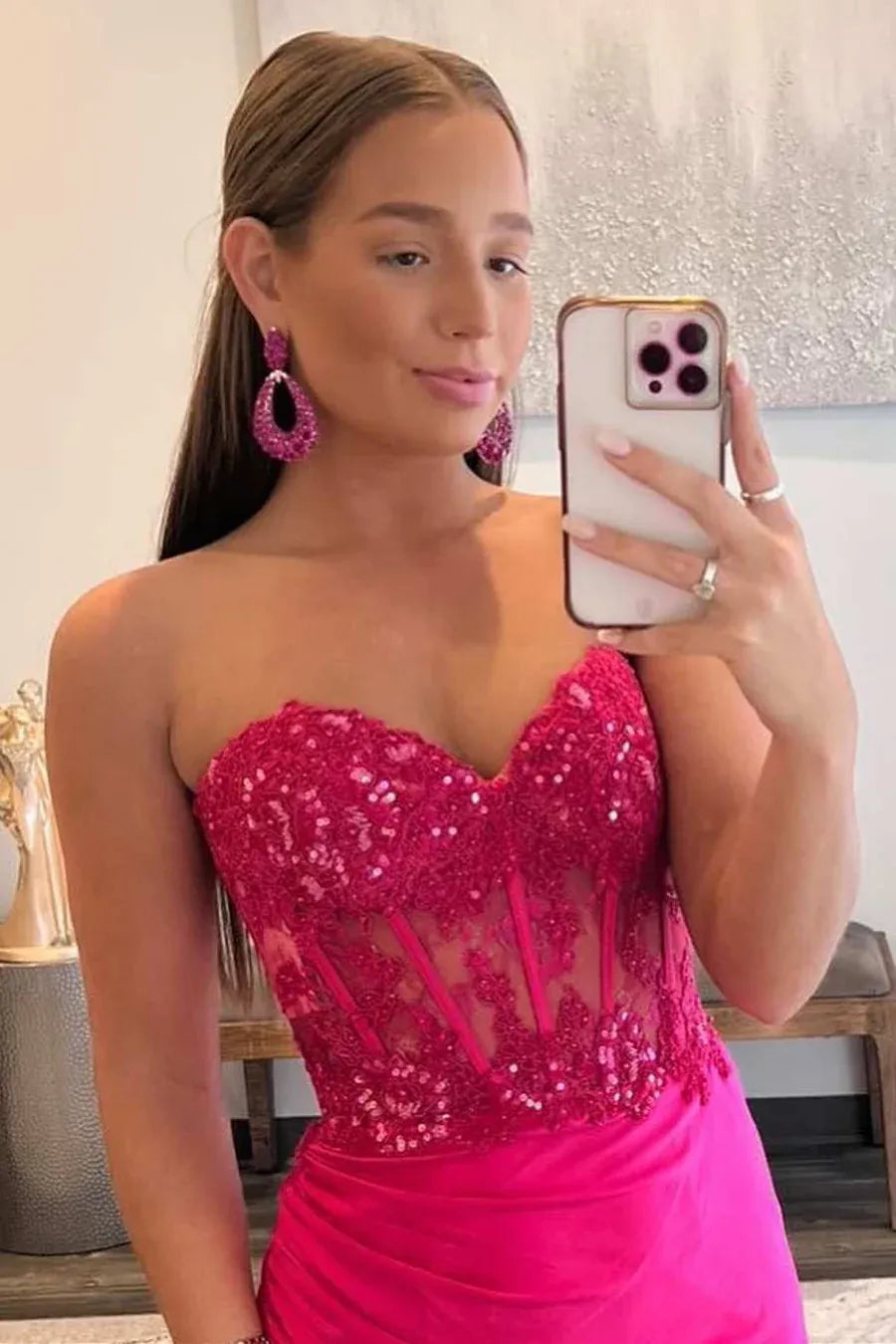 Glamorous Hot Pink Strapless Lace Satin Mermaid Prom Gown