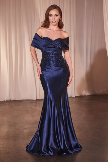 Glamorous Mermaid Off-the-shoulder Sleeveless Satin Floor-length Lace Applique Evening Dress