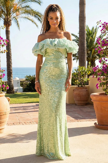 Glamorous Mermaid OffShoulder Sequin FloorLength Ruffle Evening Gown
