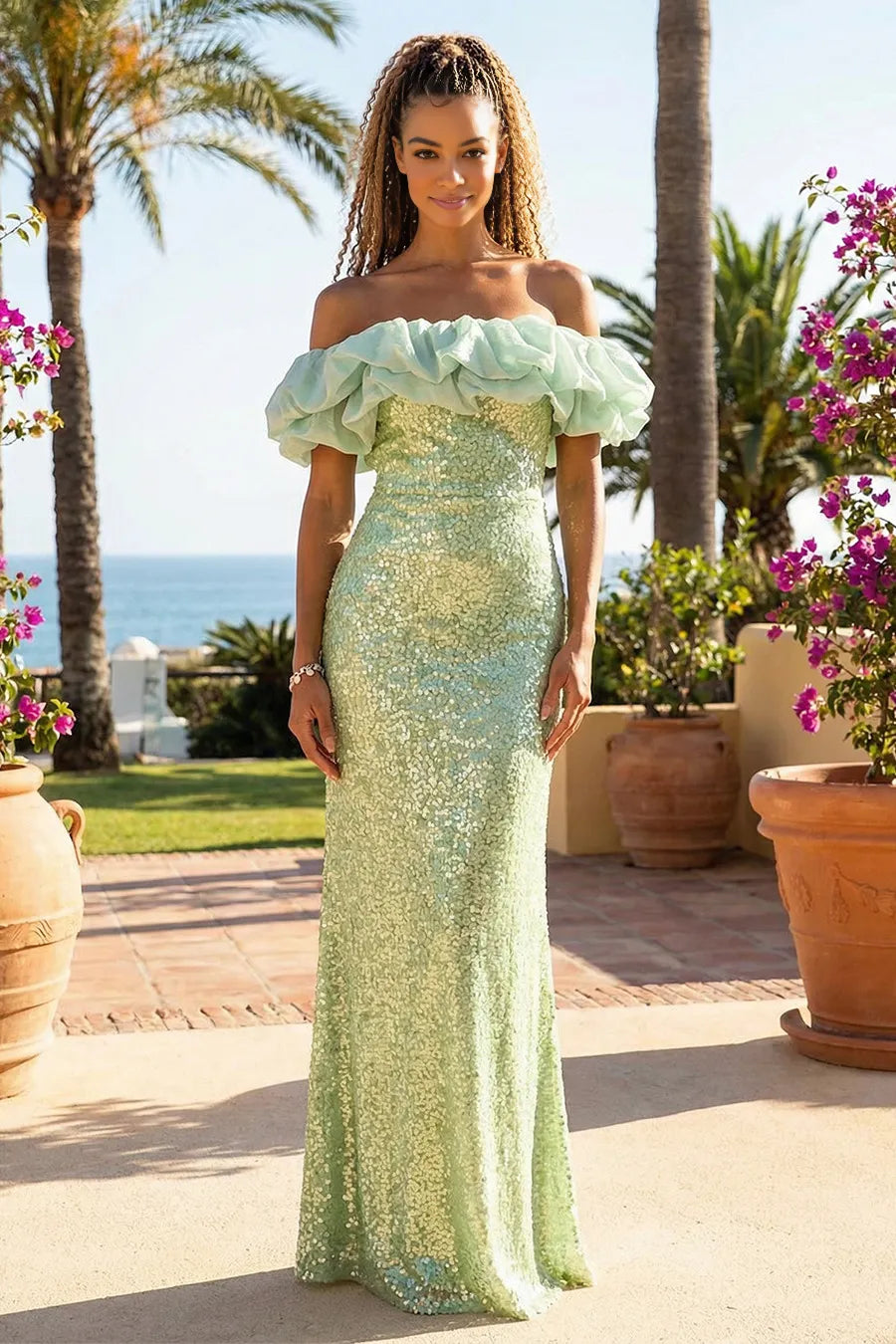 Glamorous Mermaid OffShoulder Sequin FloorLength Ruffle Evening Gown