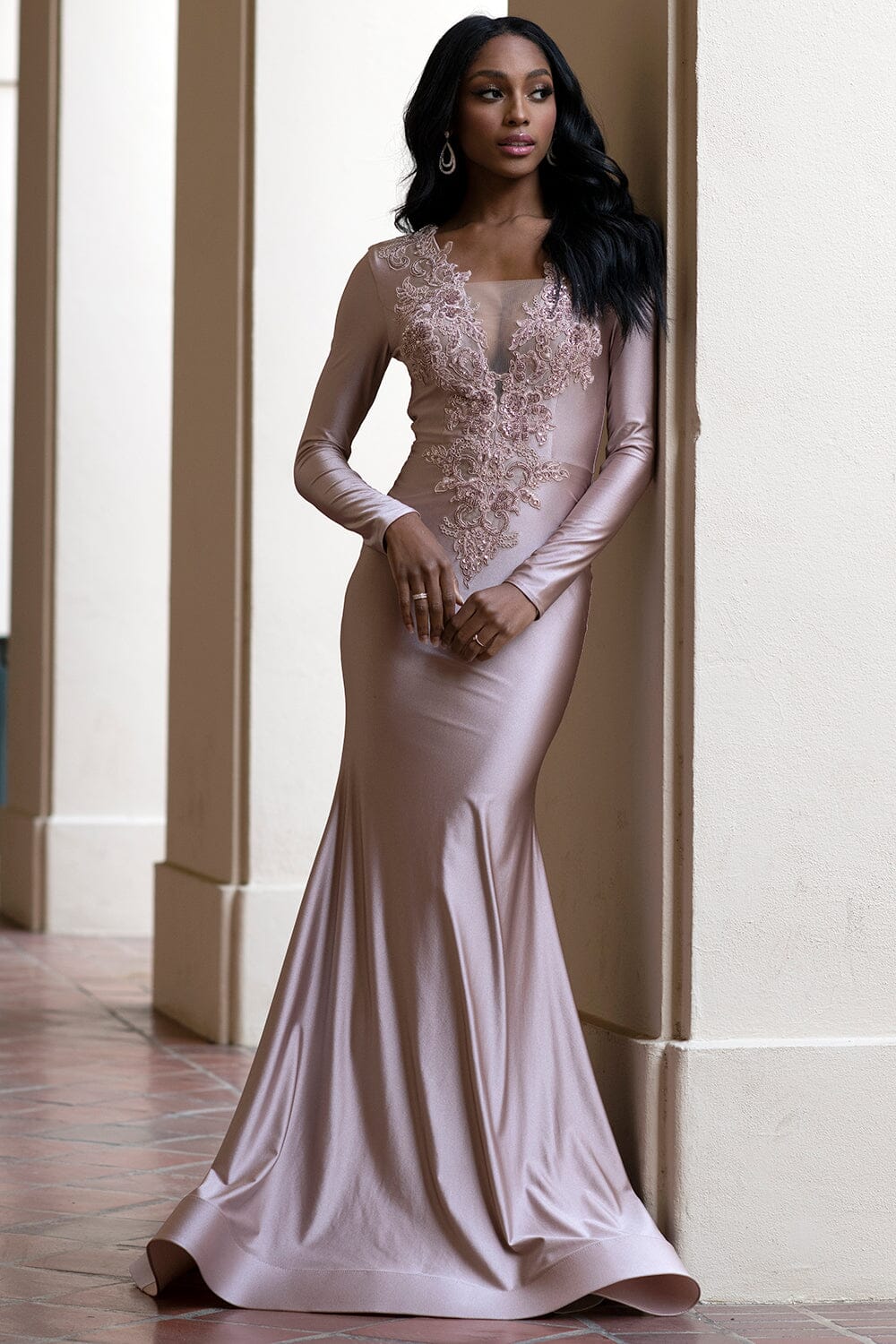 Glamorous Mermaid Plunging Long-sleeve Lycra Floor-length Beaded Applique Evening Gown