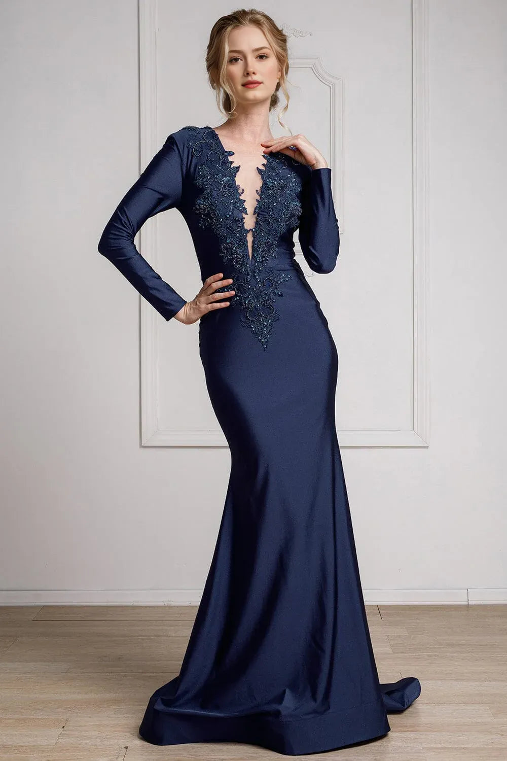 Glamorous Mermaid Plunging Long-sleeve Lycra Floor-length Beaded Applique Evening Gown