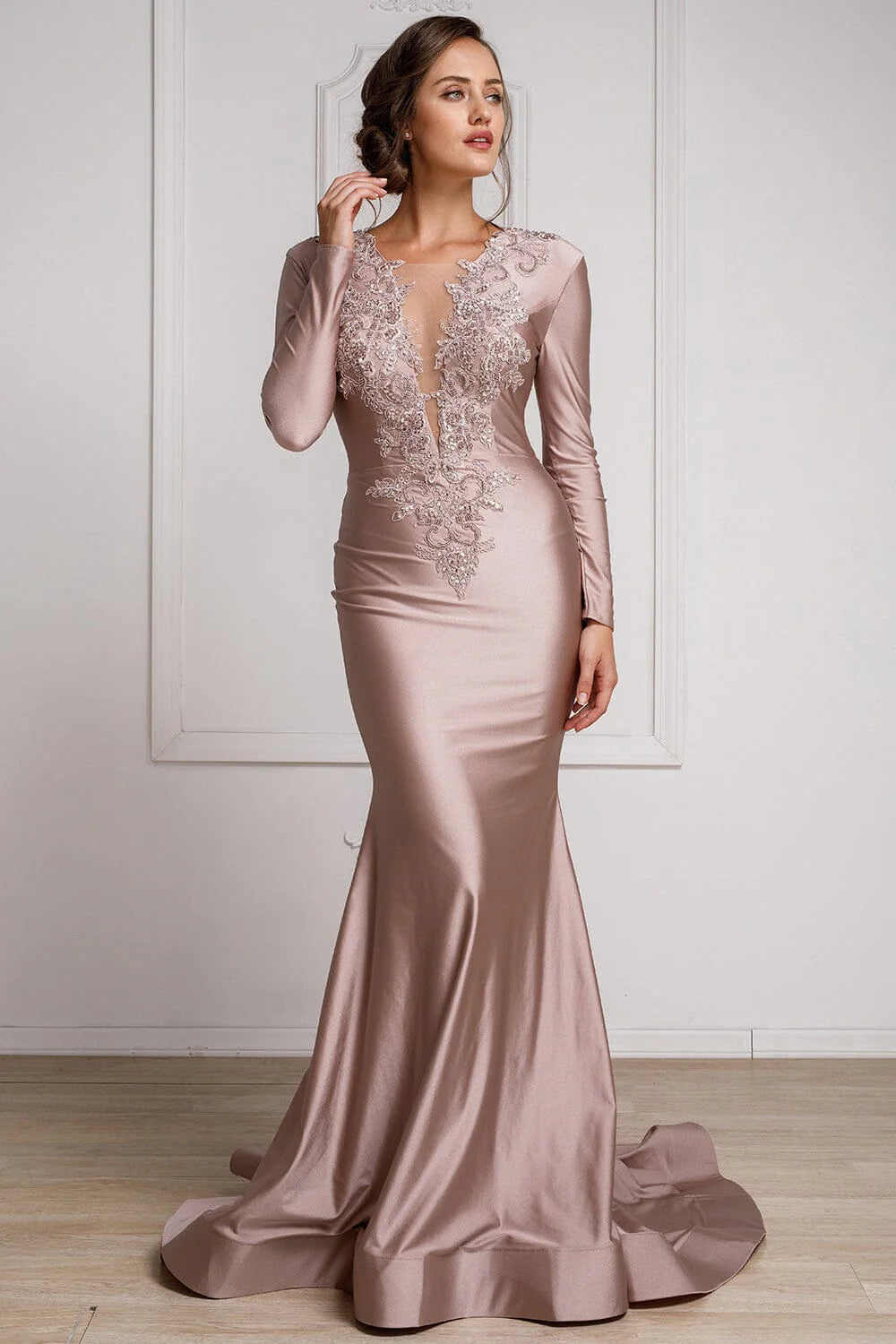 Glamorous Mermaid Plunging Long-sleeve Lycra Floor-length Beaded Applique Evening Gown