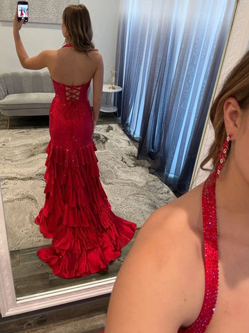 Red mermaid prom dress with lace-up corset back and sweep train