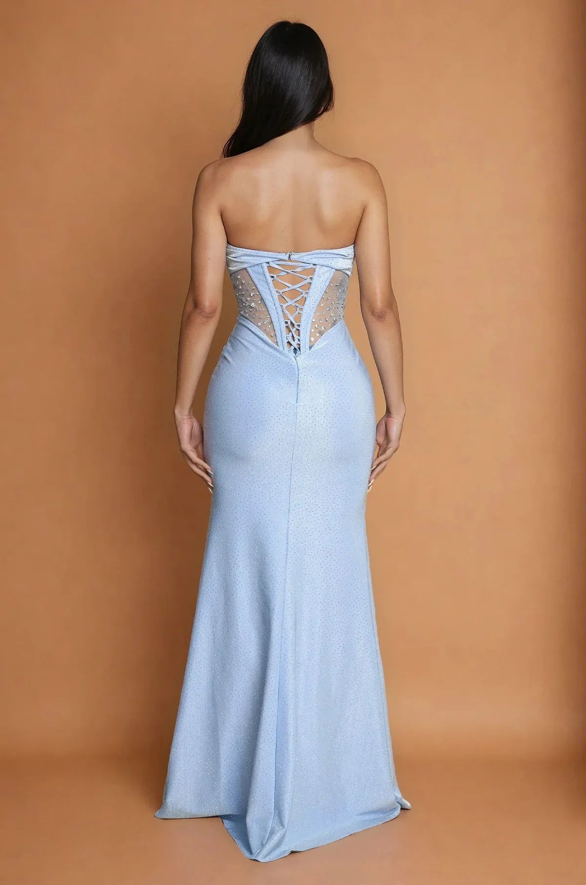 Vestido de fiesta de satén tipo corsé, sin tirantes, sin mangas, corte sirena con abertura alta