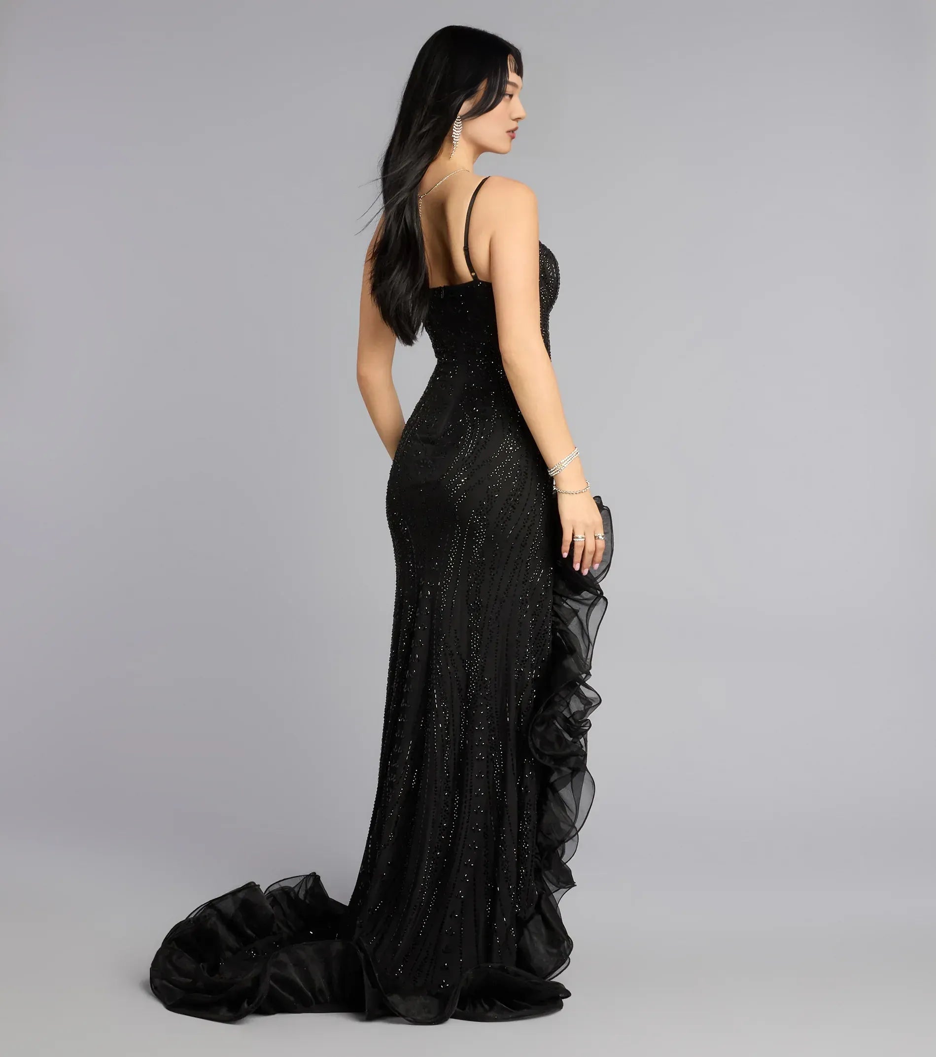 Glamorous Mermaid Sweetheart Neck Tulle Ruffled With Slit Floor Length Evening Dress