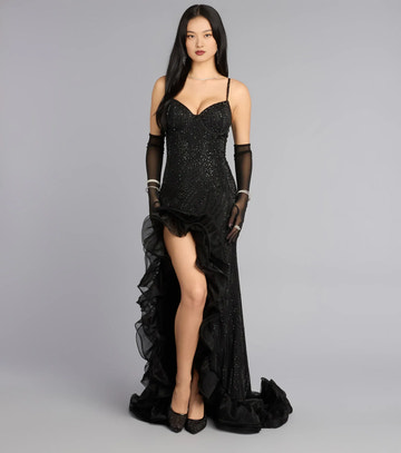Glamorous Mermaid Sweetheart Neck Tulle Ruffled With Slit Floor Length Evening Dress