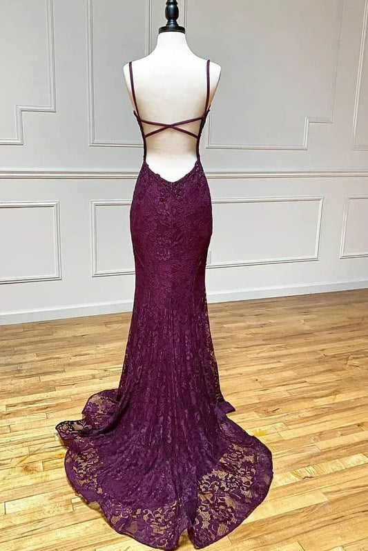 Glamorous Plum Lace Mermaid Spaghetti Strap Split Evening Gown