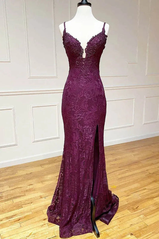 Glamorous Plum Lace Mermaid Spaghetti Strap Split Evening Gown