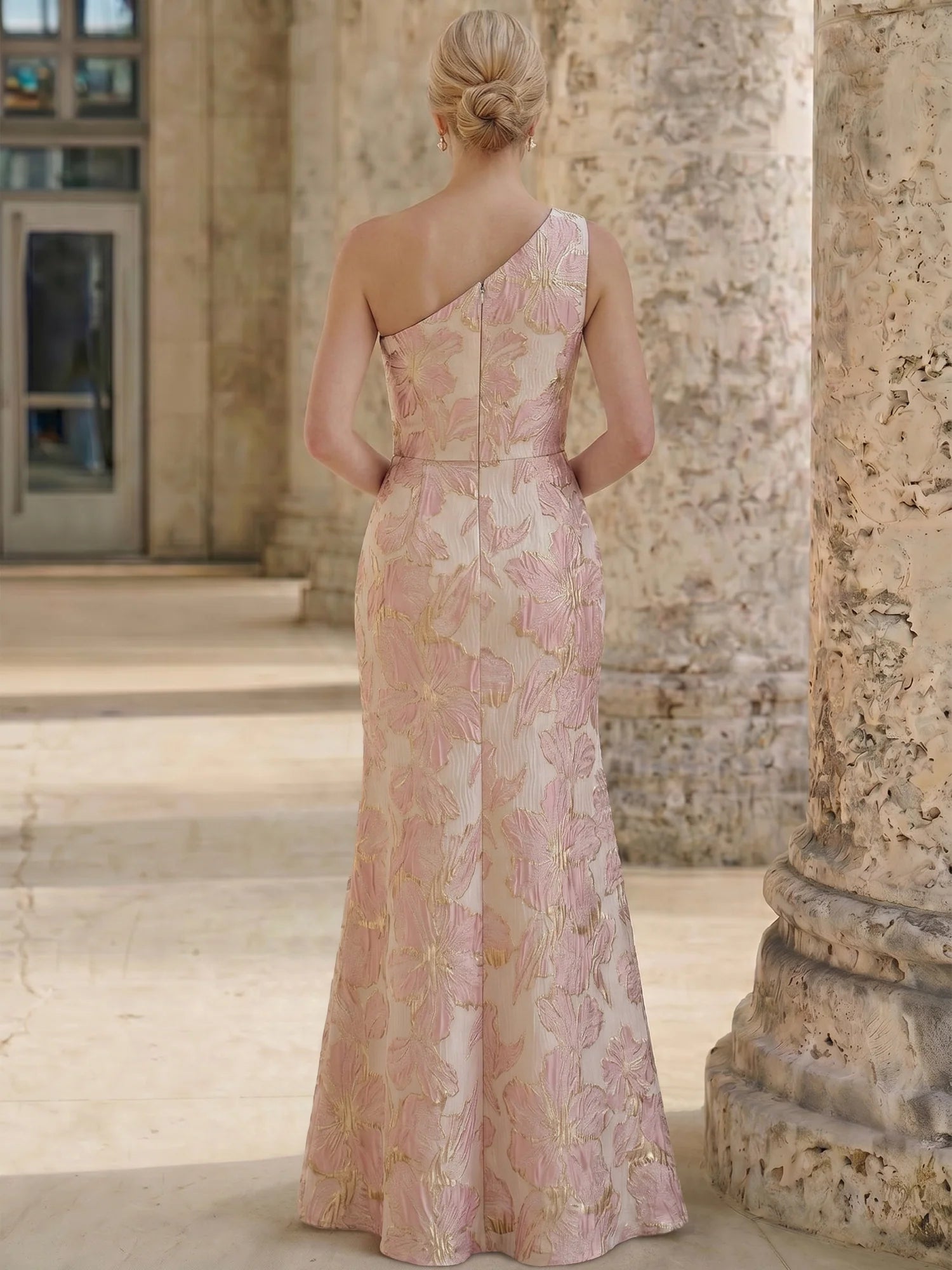 Glamorous Sheath One-Shoulder Sleeveless Brocade Mother of the Bride Dress High Slit Evening Gown