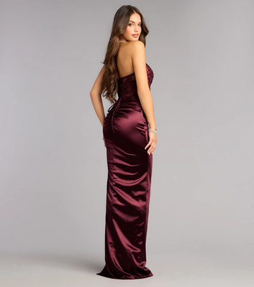 Glamoroso Vestido Formal de Noche con Corsé sin Tirantes de Satén, Estilo Columna y Apliques con Abertura